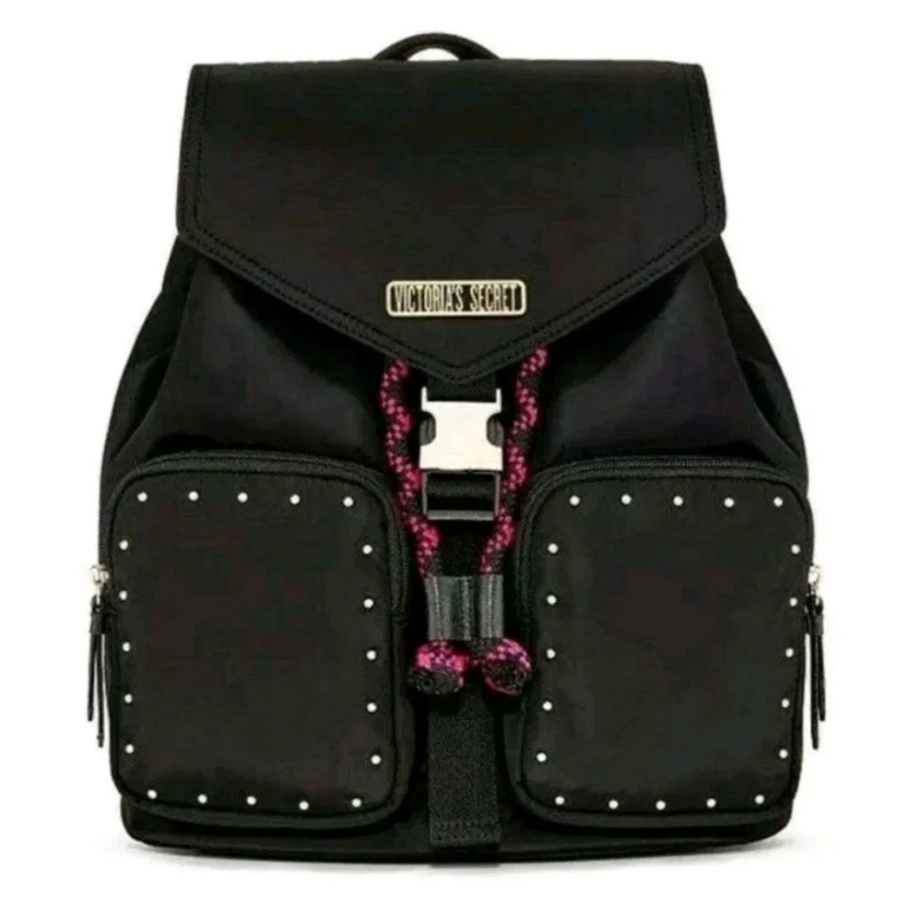 Victoria's Secret Getaway Cargo Black Backpack Pink Accents NWT